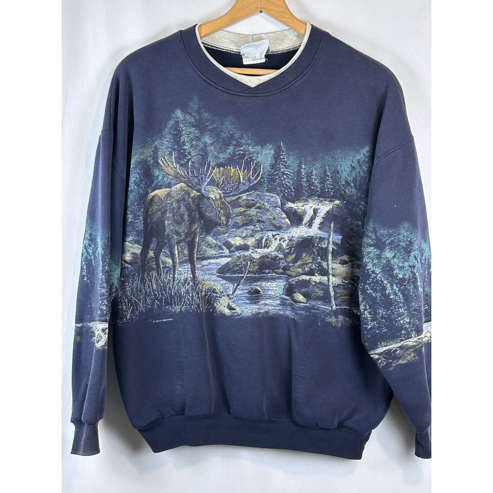 Vintage national wildlife Federation Moose  Sweatshirt Mens L Navy AOP Graphic